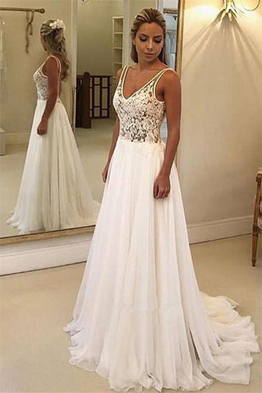 Encantadores vestidos de novia largos de corte A con escote en V, apliques de encaje y espalda descubierta