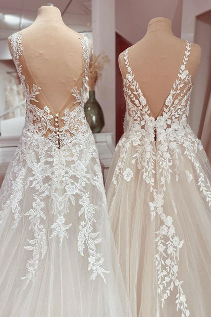 Vestido de novia encantador de tul con encaje, apliques y escote en V y corte A largo