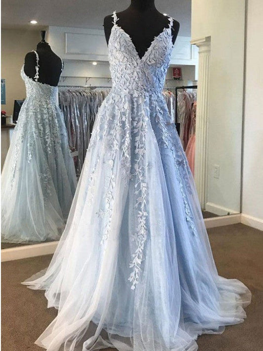 Vestido de fiesta largo con escote en V, tirantes finos, tul y espalda abierta