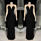 Encantador vestido de fiesta largo negro de sirena con escote en V sin mangas y cuentas