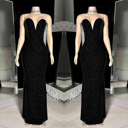 Charming Long Black V-neck Sleeveless Mermaid Prom Dress WIth Beading