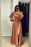 Vestido de fiesta encantador con abertura frontal larga, corte A, mangas largas y diamantes de imitación