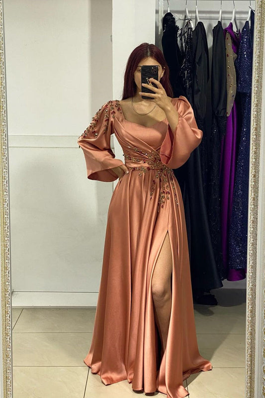 Vestido de fiesta encantador con abertura frontal larga, corte A, mangas largas y diamantes de imitación