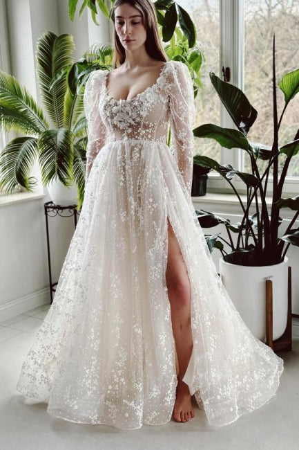 Vestido de novia encantador de encaje, largo, color marfil, corte A, mangas largas y abertura