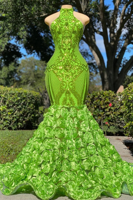 Vestido de fiesta encantador de sirena largo con cuello halter, satén, encaje y espalda descubierta