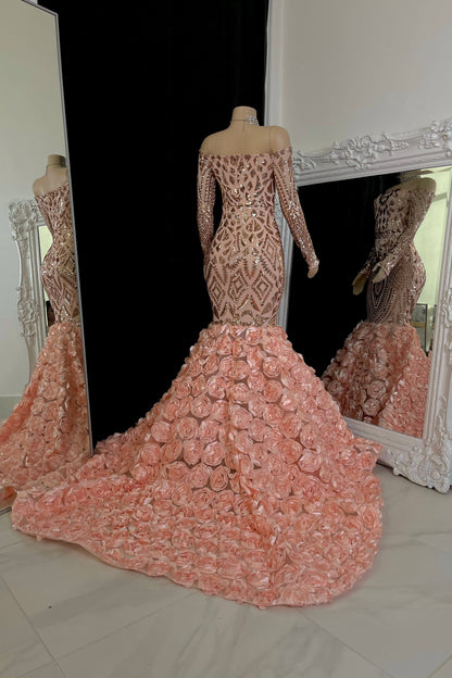 Charming Long Mermaid Long Sleeves Prom Dress With Flowers