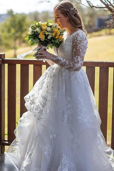 Vestido de novia encantador de corte A con encaje, mangas largas y escote en V