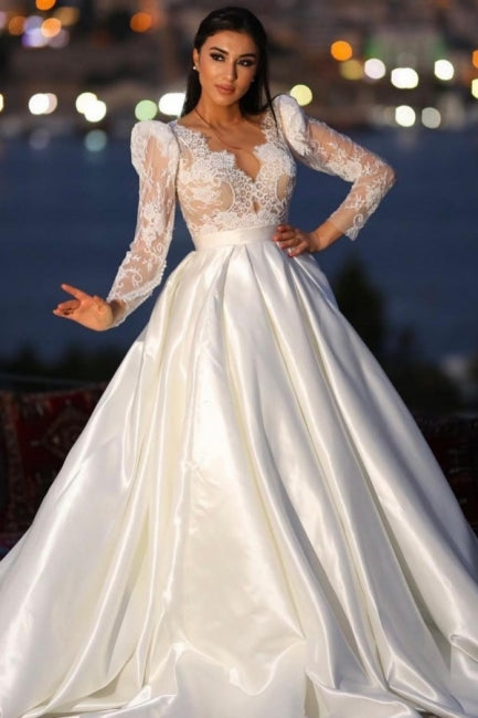 Vestido de novia encantador de satén con escote en V y mangas largas con encaje