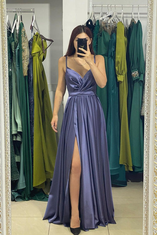 Vestido de fiesta largo con escote en forma de corazón, tirantes finos y abertura frontal de satén