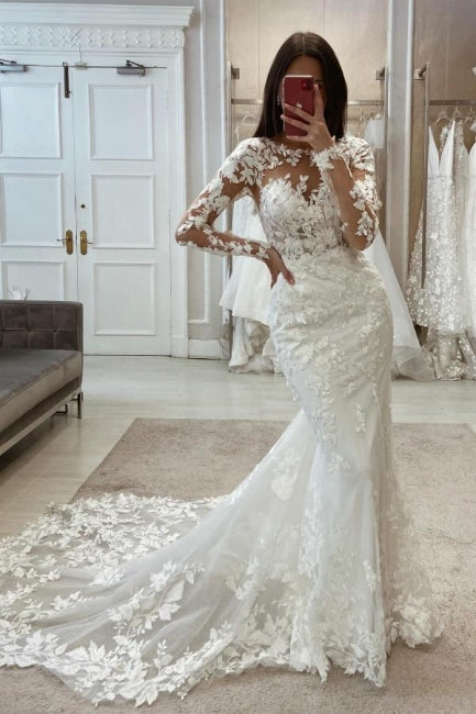 Encantadores vestidos de novia largos de encaje de sirena blanco con mangas largas