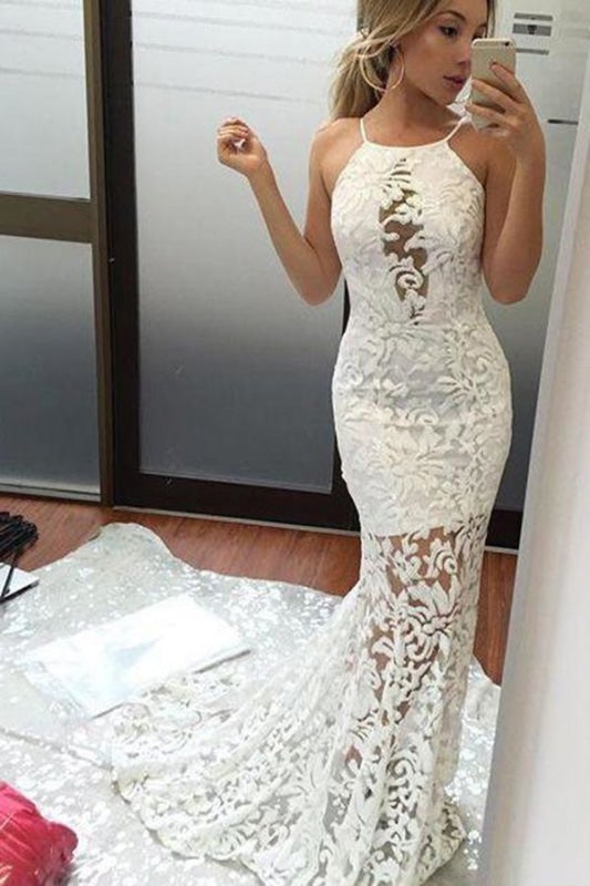 Vestido de novia sexy color marfil con cola de sirena y cepillo