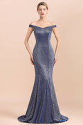 Vestido de noche largo estilo sirena de seda brillante con hombros descubiertos y corte entallado hasta el suelo para fiesta de graduación
