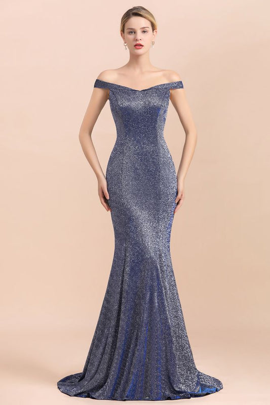 Vestido de noche largo estilo sirena de seda brillante con hombros descubiertos y corte entallado hasta el suelo para fiesta de graduación