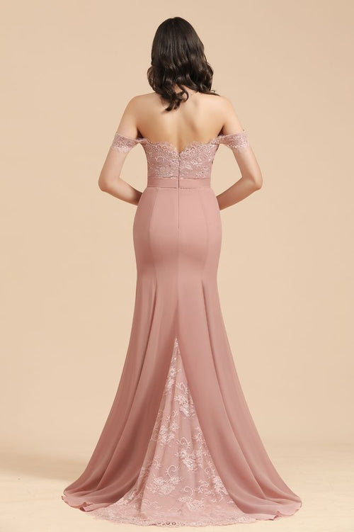 Vestido de dama de honor ajustado con encaje y hombros descubiertos, estilo sirena, encantador