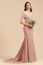 Vestido de dama de honor ajustado con encaje y hombros descubiertos, estilo sirena, encantador