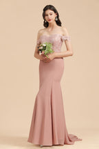 Vestido de dama de honor ajustado con encaje y hombros descubiertos, estilo sirena, encantador