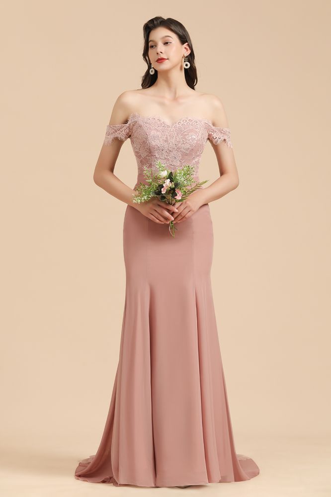 Vestido de dama de honor ajustado con encaje y hombros descubiertos, estilo sirena, encantador
