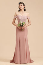 Vestido de dama de honor ajustado con encaje y hombros descubiertos, estilo sirena, encantador
