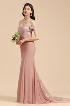 Vestido de dama de honor ajustado con encaje y hombros descubiertos, estilo sirena, encantador
