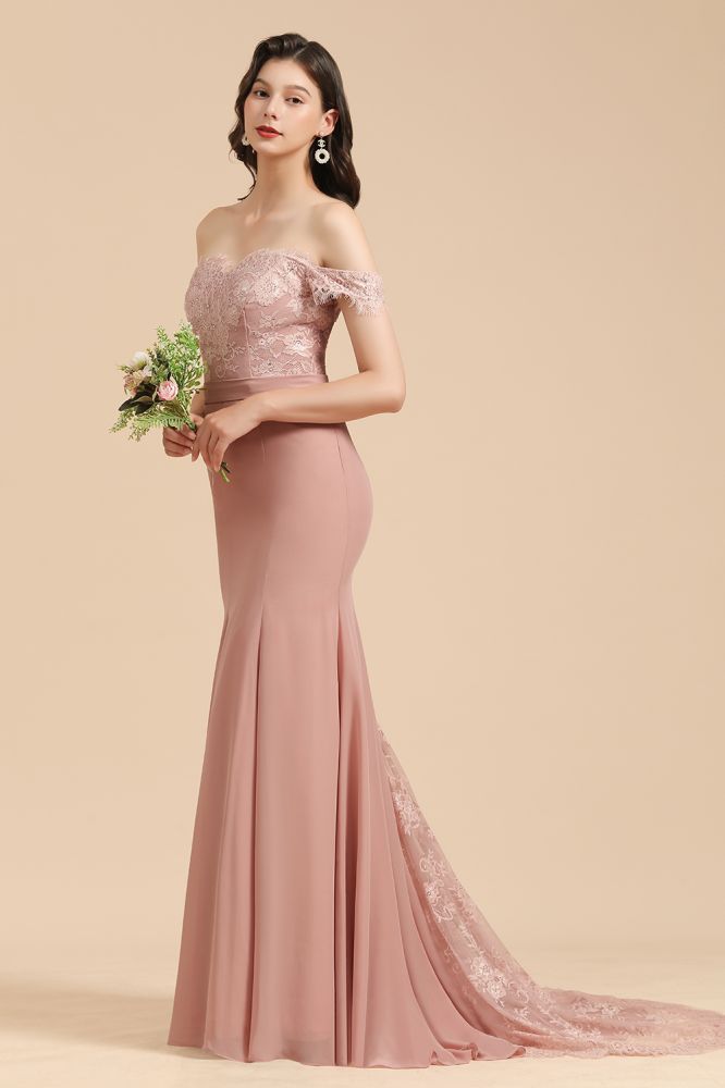 Vestido de dama de honor ajustado con encaje y hombros descubiertos, estilo sirena, encantador