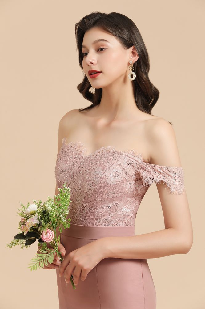 Vestido de dama de honor ajustado con encaje y hombros descubiertos, estilo sirena, encantador
