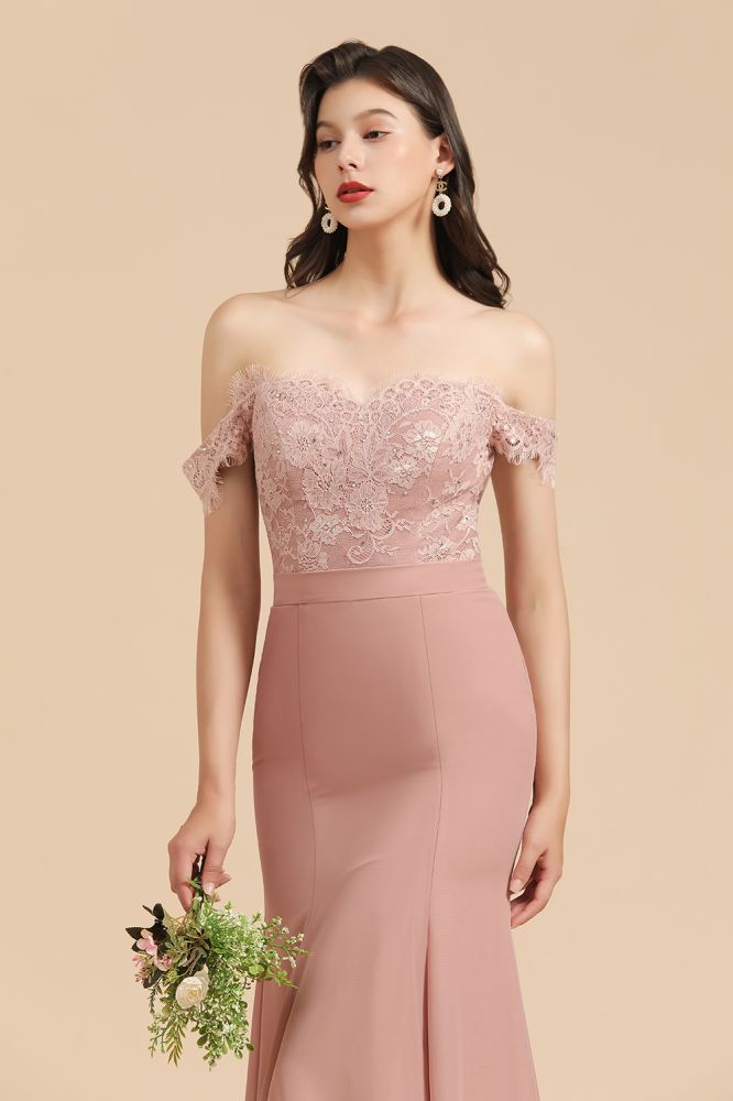 Vestido de dama de honor ajustado con encaje y hombros descubiertos, estilo sirena, encantador