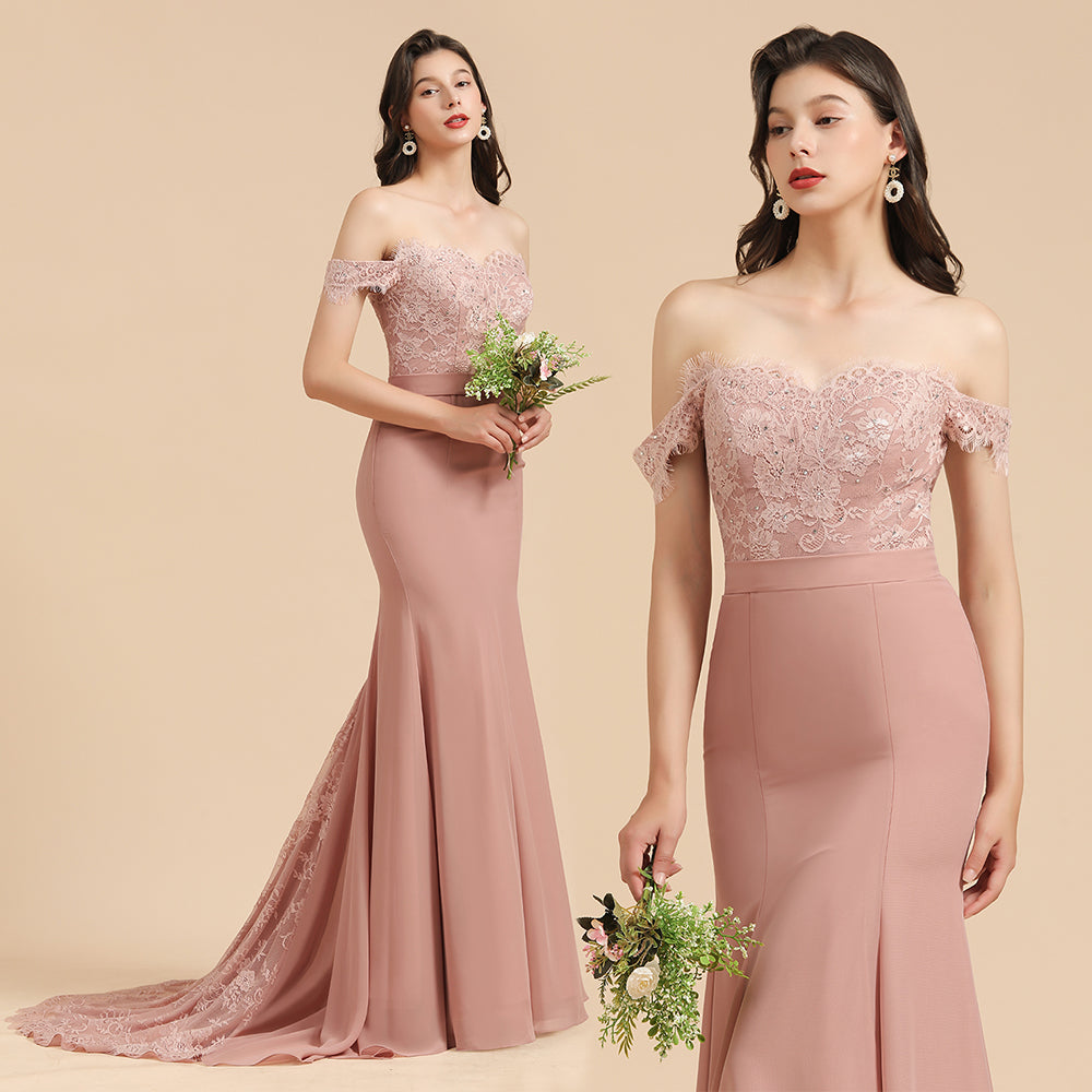 Vestido de dama de honor ajustado con encaje y hombros descubiertos, estilo sirena, encantador