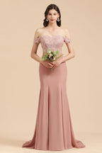 Vestido de dama de honor ajustado con encaje y hombros descubiertos, estilo sirena, encantador