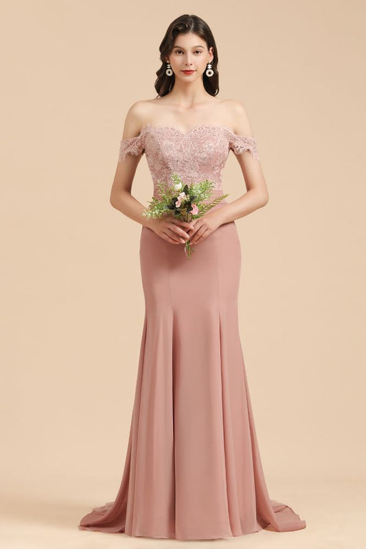Vestido de dama de honor ajustado con encaje y hombros descubiertos, estilo sirena, encantador