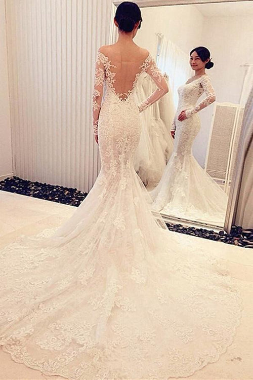 Vestido de novia de sirena con encaje, mangas largas y hombros descubiertos WD018