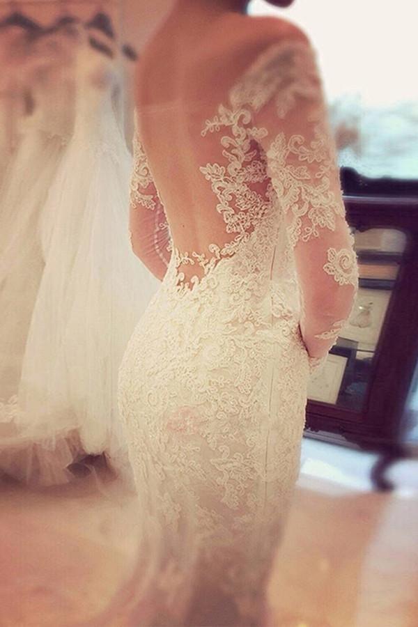 Charming Off The Shoulder Long Sleeves Lace Mermaid Wedding Dress WD018