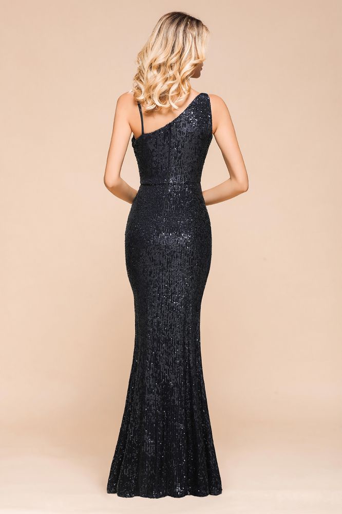 Vestido de fiesta encantador de un solo hombro con lentejuelas brillantes y abertura lateral