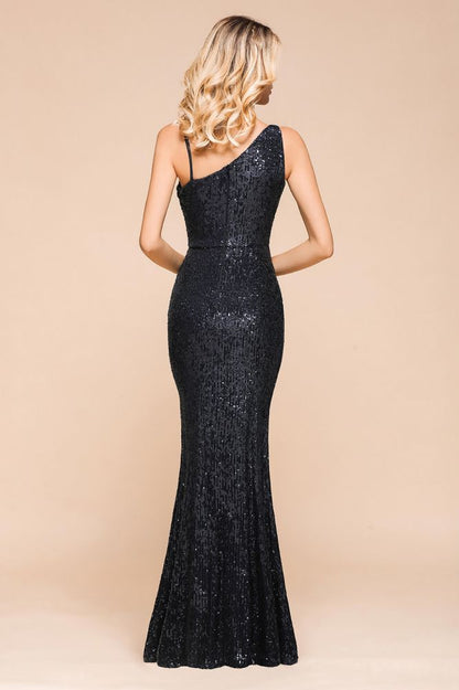 Vestido de fiesta encantador de un solo hombro con lentejuelas brillantes y abertura lateral