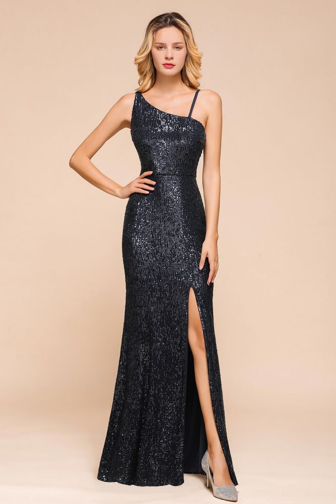 Vestido de fiesta encantador de un solo hombro con lentejuelas brillantes y abertura lateral