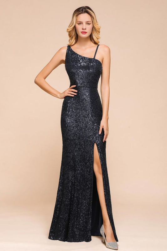 Vestido de fiesta encantador de un solo hombro con lentejuelas brillantes y abertura lateral