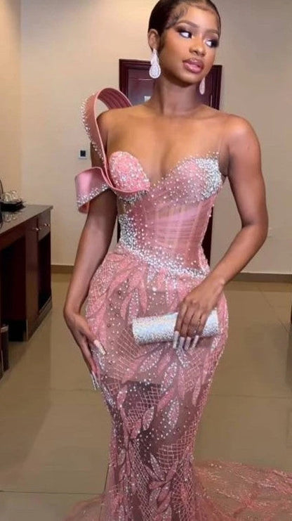 Charming One Shoulder Mermaid Prom Dress Glitter Sequins Pearl Sweetheart Evening Dress