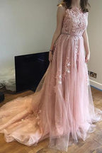 Charmantes rosa Spitzen-Tüll-Brautkleid mit offenem Rücken und kleiner Schleppe WD198