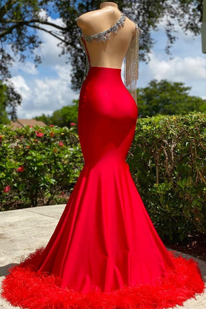 Vestido de fiesta rojo largo de sirena con borlas, un hombro, de satén, sin espalda