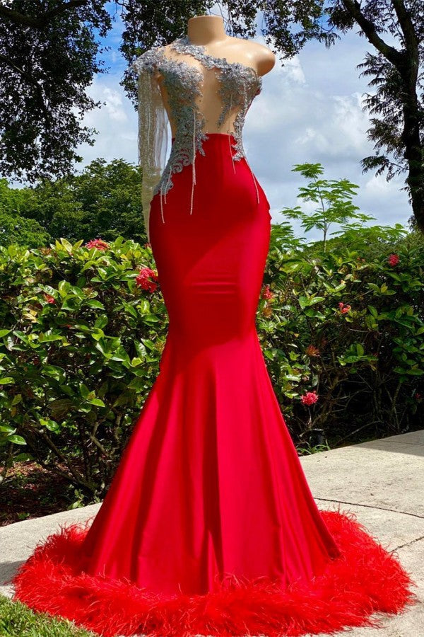 Vestido de fiesta rojo largo de sirena con borlas, un hombro, de satén, sin espalda
