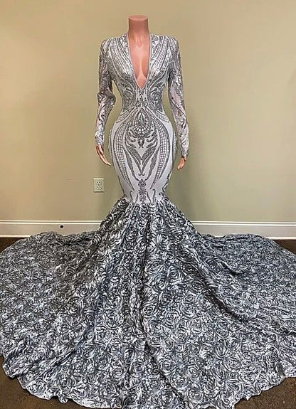 Charming Silver V-neck Long Sleeve Flowers Floor-length Mermaid Prom Dresses