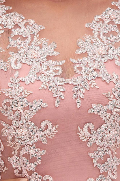 Vestido largo de noche con mangas cortas y encantador diseño de cuentas, estilo Aline, para dama de honor