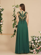 Vestido largo de noche con mangas cortas y encantador diseño de cuentas, estilo Aline, para dama de honor