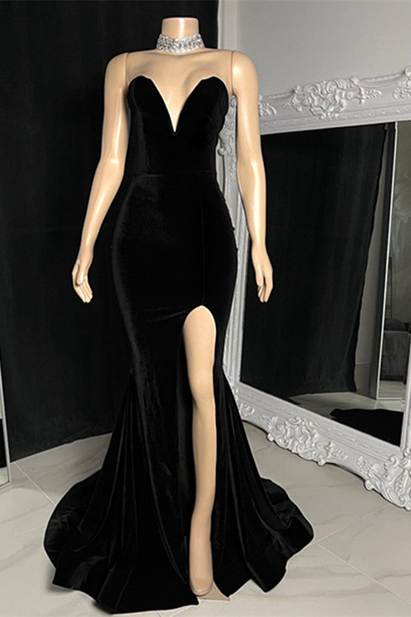 Charmantes ärmelloses Sweetheart-Ausschnitt-Ballkleid mit Schlitz vorne und langem Meerjungfrau-Abschlussballkleid