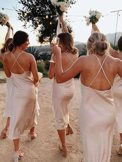 Vestidos de dama de honor con tirantes finos en satén de seda color champán BD079
