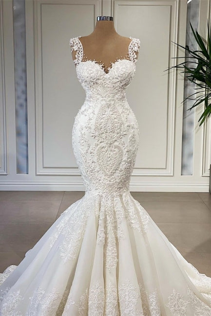 Vestido de novia de sirena sin mangas con tirantes encantadores y volantes
