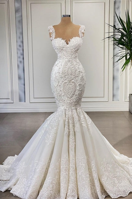 Vestido de novia de sirena sin mangas con tirantes encantadores y volantes