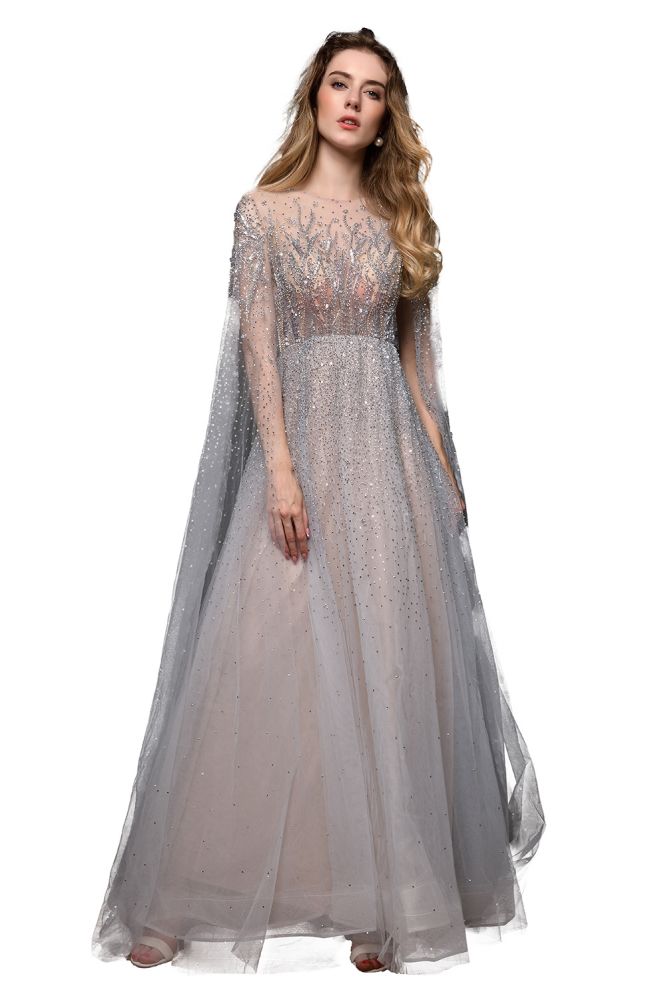 Encantador vestido de fiesta de noche de tul largo hasta el suelo con cuentas brillantes y capa en la espalda