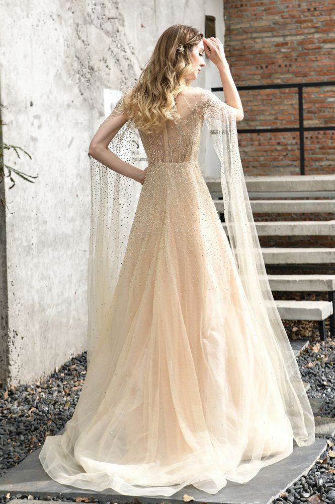 Bezauberndes bodenlanges Abend- und Partykleid aus Tüll mit glitzernden Perlen und Umhang auf der Rückseite