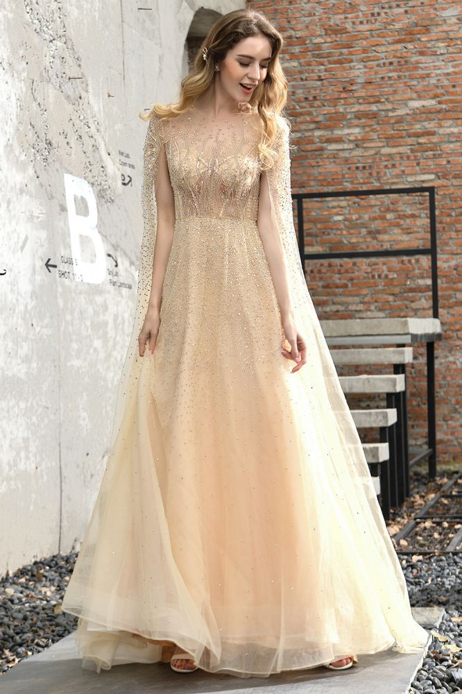 Bezauberndes bodenlanges Abend- und Partykleid aus Tüll mit glitzernden Perlen und Umhang auf der Rückseite