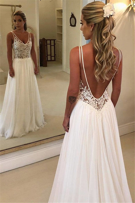 Encantadores vestidos de novia con escote en V, sin mangas, apliques y corte A hasta el suelo
